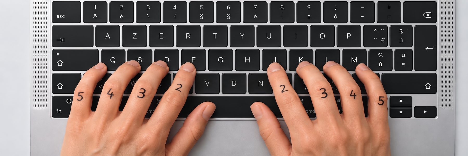Les deux mains vues de dessus, chaque doigt numéroté au feutre : 5 4 3 2 1 à gauche, 1 2 3 4 5 à droite